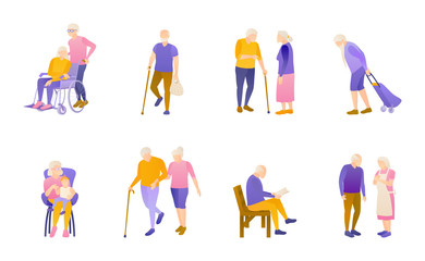 Fototapeta na wymiar Retirees way of life, flat vector illustration set. Old men and women in a nursing home. Grey-haired people aged after retirement. Granny and grandpas on a white background to cut out.