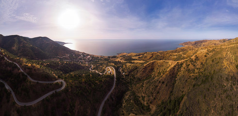 Beautiful evening panorama from the air on the Bay of Pachiammos Beach. Cyprus