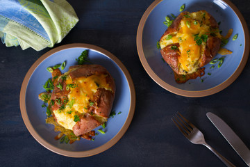 Twice Baked Potatoes with Bacon, Cheese and  Scallion. View from above, top view