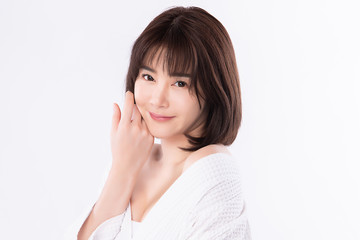 Fototapeta premium Portrait beautiful young asian woman clean fresh bare skin concept. Asian girl beauty face skincare and health wellness, Facial treatment, Perfect skin, Natural makeup, on white background,two