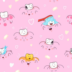 Fototapeta premium Teeth seamless pattern with gums, candy elements. Dental cute pattern.