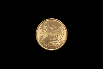 Spanish 10 Euro Cent coin from 2016, reverse. Isolated on black background