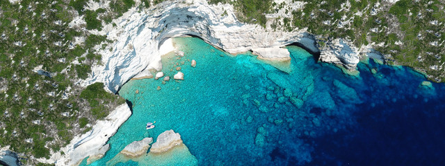 Aerial drone ultra wide photo of tropical Caribbean bay with white sand beach and beautiful...