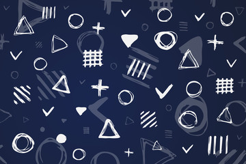 Simple geometric shapes drawn in pencil by hand. Different kinds of shapes. Black white sketch triangles, circles and lattice. Vector eps illustration.