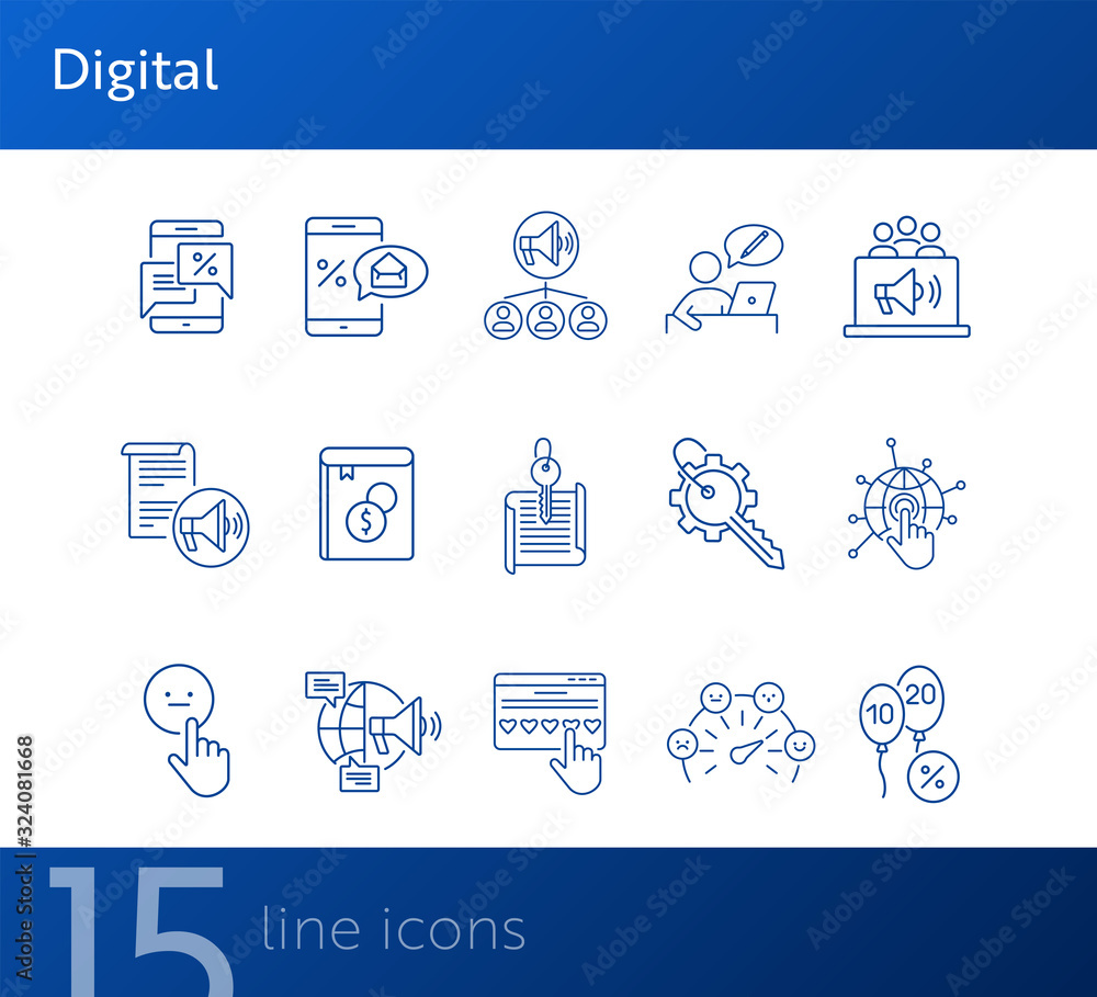 Poster digital line icons. set of line icons. mobile with envelope, planet network. technology concept. vec