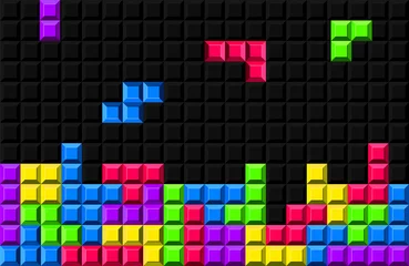 Kreative Vektorillustration von Tetris - Videospielhintergrund. Art Design Retro-Farbblock formt Vorlage. Grafisches buntes Muster des abstrakten Konzeptes mit Pixelziegelsteinelement © happyvector071