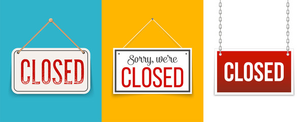 Creative vector illustration sign - sorry we are closed background. Art design closed banner on door store template. Signboard with a rope. Abstract concept for businesses, site, shop services element