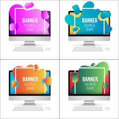 Creative vector illustration of liquid shape banner from the monitor isolated on background. Art design gradient, mesh template. Abstract concept fluid element for flyer, presentation, brochure.
