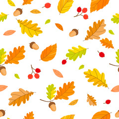 Seamless autumn pattern Oak leaves acorns berries