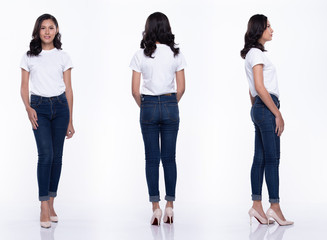 360 Full Length Snap Figure, Asian Woman wear casual white shirt blue jean, she 20s stands and acts in many poses, studio lighting white background isolated collage group