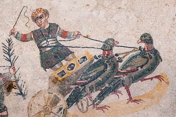 Mosaics in the floor of the old roman Villa del Casale of the 4th century A.C. Unesco world...