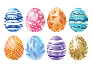 Happy Easter. Watercolor set of hand drawn colored Easter eggs isolated on white background. For greetings card design.
