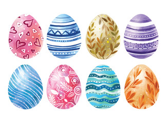 Happy Easter. Watercolor set of hand drawn colored Easter eggs isolated on white background. For greetings card design.