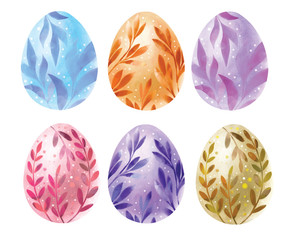 Happy Easter. Watercolor set of hand drawn colored Easter eggs isolated on white background. For greetings card design.