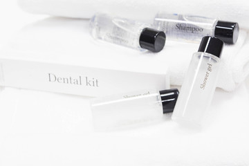 Small template of body care for hotels with shower gel, shampoo and dental set