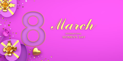 Happy International Women's Day creative greeting card, layout, template, banner, March 8th with heartshape gift box, rose flower and confetti glitter on pink purple background. 3D illustration.