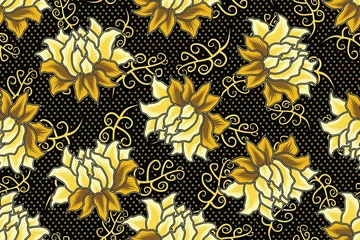 Fotobehang Seamless pattern with floral vector Illustration, Tropical batik motif © Deni