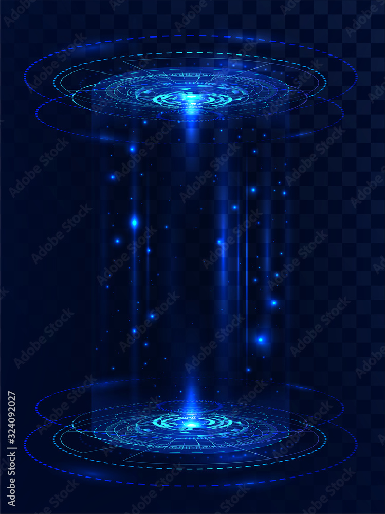 Poster two luminous holograms with light effect in hud style. portal, teleport, podium for gui or presentat