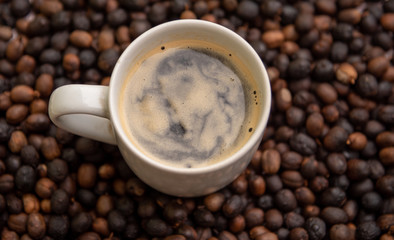 Cup of hot coffee in the middle of roasted coffee beans ready for grinding