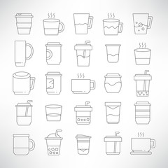 coffee cup, tea cup icons line set