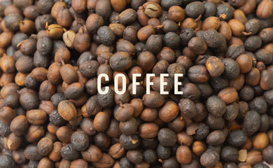 Roasted coffee beans on a table and with the phrase 