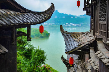 Furong Town, Hunan, China. Mountains and rivers in southern China, Furong Town. Hanging feet and red lanterns in Seremban