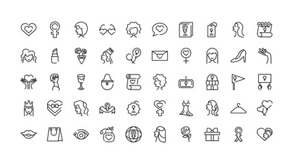 female gender and womens day icons set over white background, line style