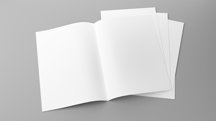 Blank white brochure. book mockup presentation. blank magazine mockup on light grey background. 3D illustration.