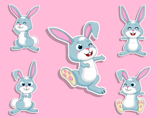 Cute Rabbits Cartoon Sticker Set. Vector Illustration With Cartoon Happy Animal