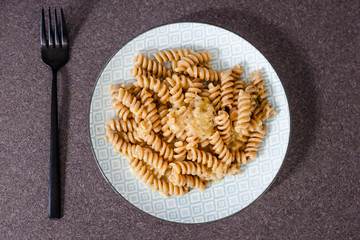 plant-based recipes, wholemeal fusilli pasta with mustard garlic sauce