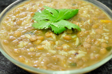 Lentils Soup in a Glass Bowl
