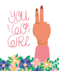 Hand with flowers and leaves of women empowerment vector design