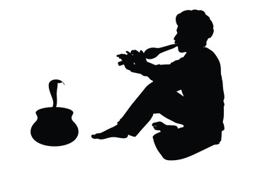India charmer and snake in pot silhouette vector