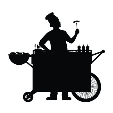 recommend clip art: Road side merchant with food cart silhouette vector