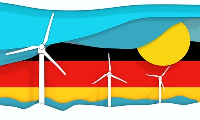 Wind turbine landscape illustration. Renewable energy development concept. 3D rendering. Flag of the Germany