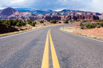 Scenic state route 24 running through Capitol Reef National Park near Torrey, Utah