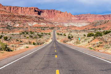 Scenic state route 24 running through Capitol Reef National Park near Torrey, Utah
