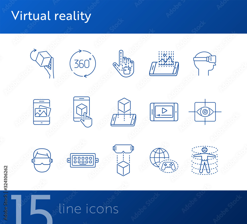 Poster virtual reality line icons. 360 degrees, robotic hand, 3d modeling. virtual reality concept. vector 