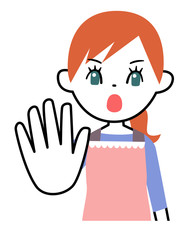 片手を出してノーと言う若いママ