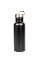 A black reusable bottle for water isolated on white background