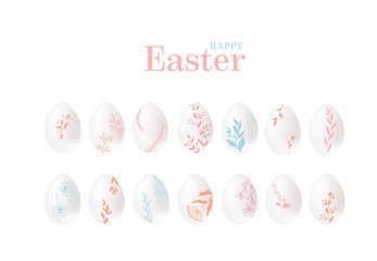 Set of Easter eggs with floral decor isolated on white background. Easter design collection, poster background. Vector illustration.