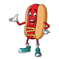 Cartoon hotdog mascot character presenting