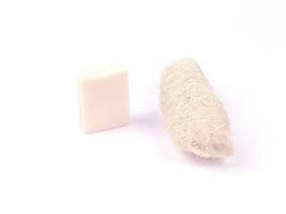 Loofah and soap is placed on a separate white background.