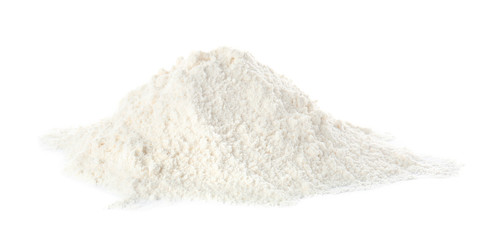 Fototapeta na wymiar Heap of flour on white background