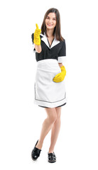 Portrait of beautiful chambermaid showing thumb-up on white background