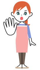 エプロンを着て片手を出して制止する若い女性