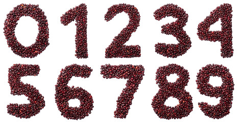  Arabic numerals from  brown beans on a white isolated background. Brown  haricot beans pattern. healthy food concept.