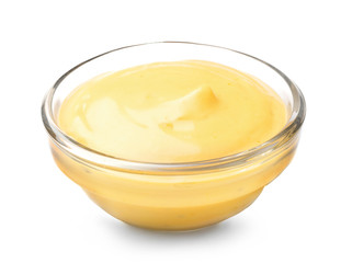 Bowl with tasty sauce on white background