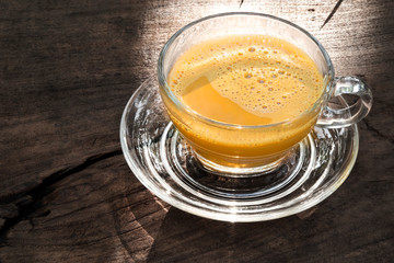 coffee in a coffee cup look like milk tea color in clear glass cup set