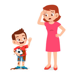 mom see her little kid boy play mud